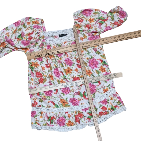 Rachel Zoe linen blend peasant romantic floral bird print top blouse Med… - Picture 4 of 9